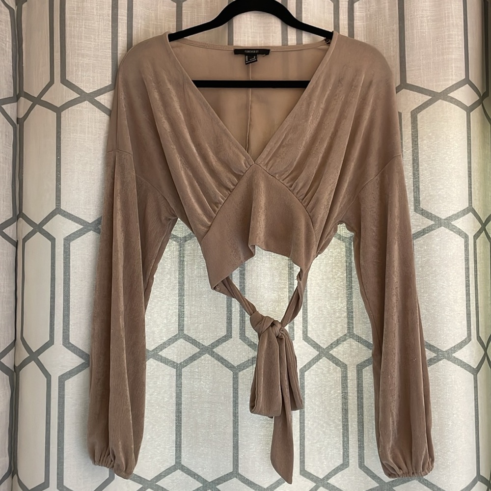Prefer 21 Long Sleeve Shimmery Long Sleeve Going Out Crop Top with Tie Back - Picture 5 of 8